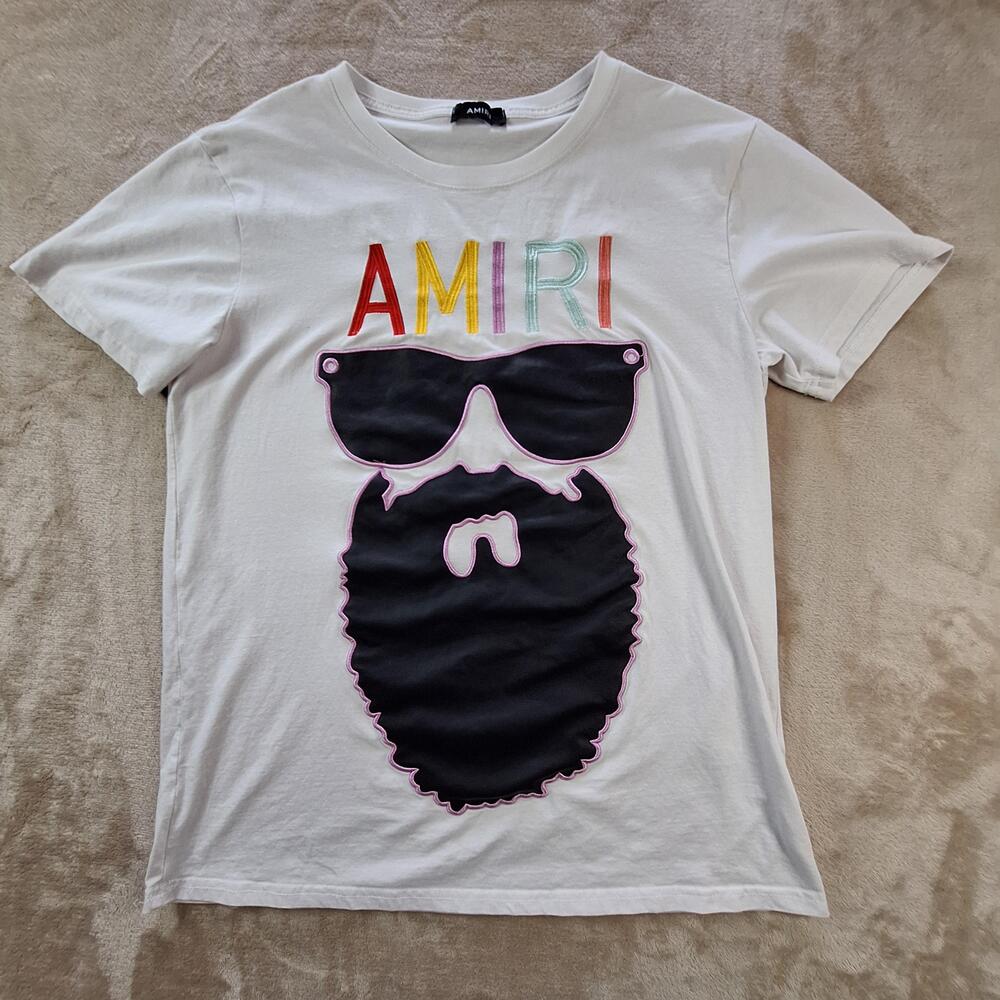 AMIRI Shirt Mens Large White Graphic Beard Sunglasses Logo Tee Short Sleeve